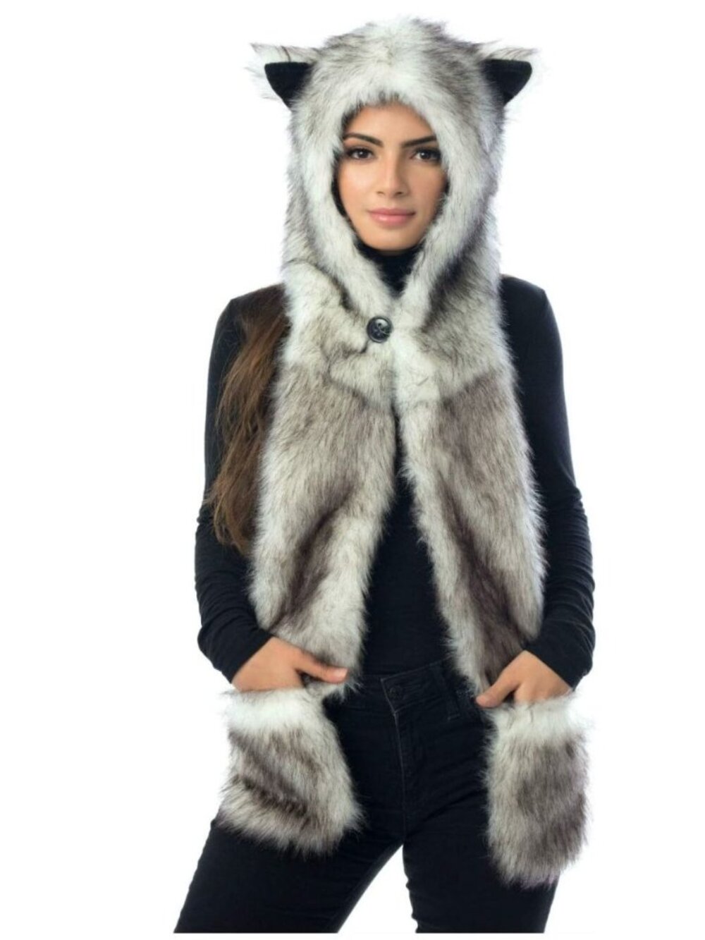 White Wolf Hood Ears Faux Fur Hat Scarf Mittens Paws 3 in 1 Hatbutik Winter